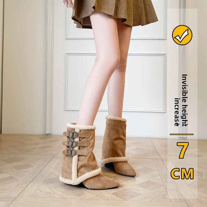 Women Khaki Fleece Lined Ankle Boots Metal Buckle Pointed Toe 7cm Invisible Heel Winter Warm Boots Free Shipping