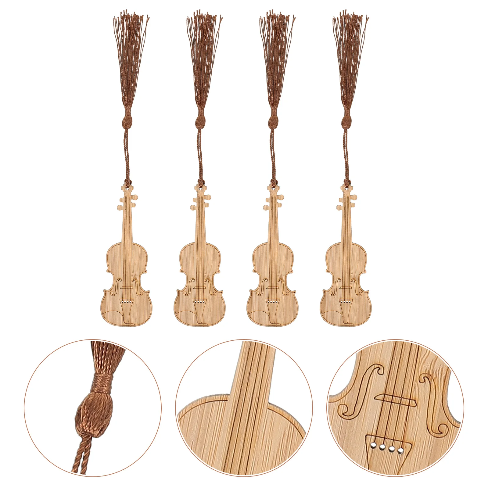 4 Pcs Instrument Bookmark Violin Shape Bookmarks Unique Decorate Decorative Tassel Design Bamboo Exquisite Modeling Travel