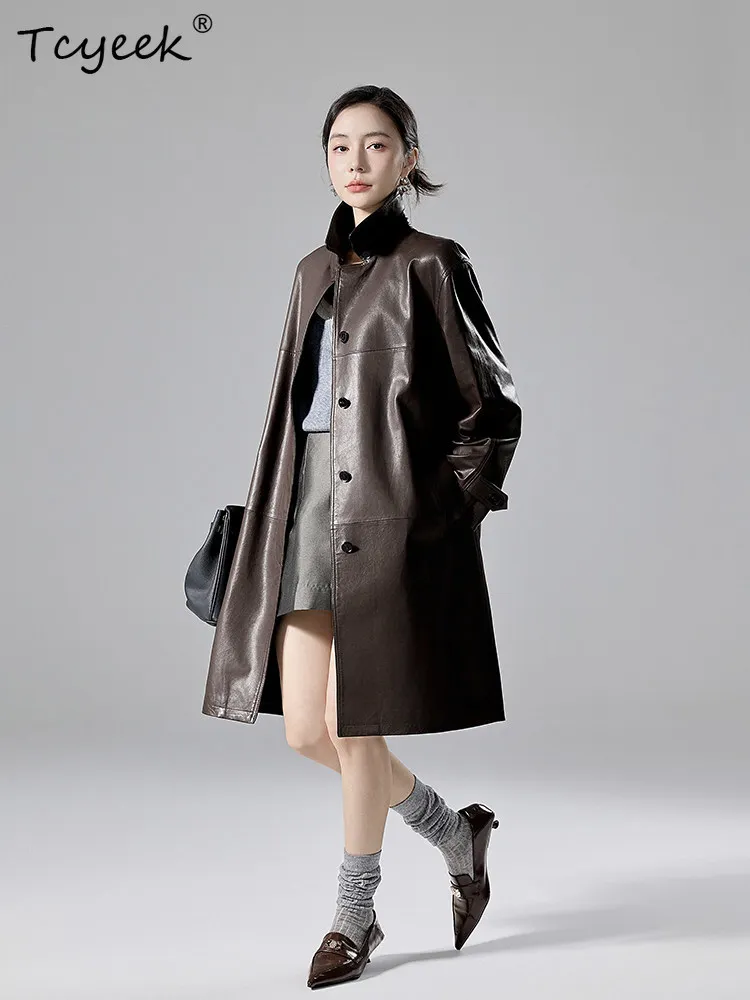 Tcyeek Real Leather Jacket Woman Clothing 100% Sheepskin Coats Women Fashion Mid-long Trench Coat Autumn 2026 Vegetable Tanning