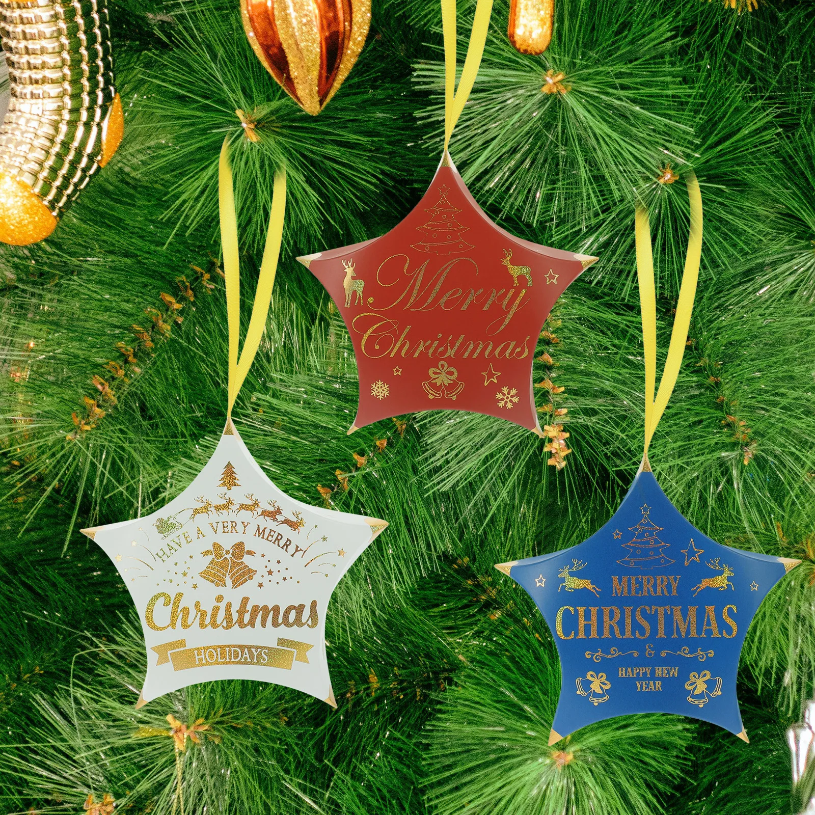 

12pcs Christmas Tree Ornaments Shiny Candy Boxes Party Gift Wrapping Decorations For Holiday Wedding Xmas Sweets Paper Boxes