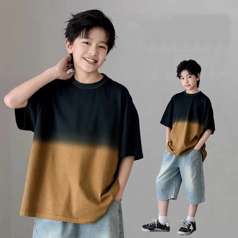 New Summer Tween Boy Luxury Clothes T-shirt Kids Teenager Casual Short Sleeve Tshirt Outfits Child Cotton Gradient Tee Shirt Top