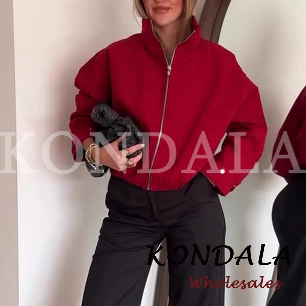 KONDALA Vintage Damen Pilotenjacken Rot Kariert Waffelstrick Stehkragen Lockerer Reißverschluss Langarm Streetwear Herbst Freizeitjacken – Detail 3