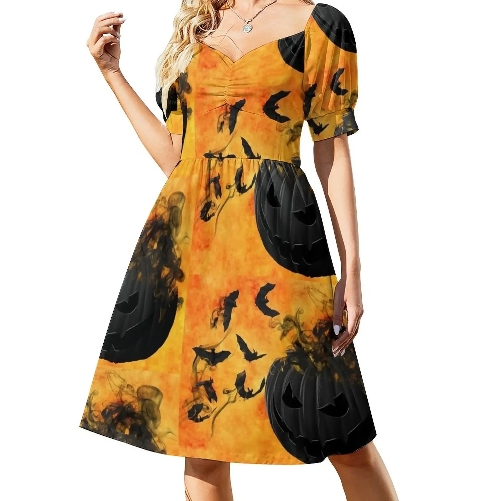 

Halloween Pumpkin and bats with smoke Short-Sleeved Dress Women's long dress women's luxury party dress party dresses woman