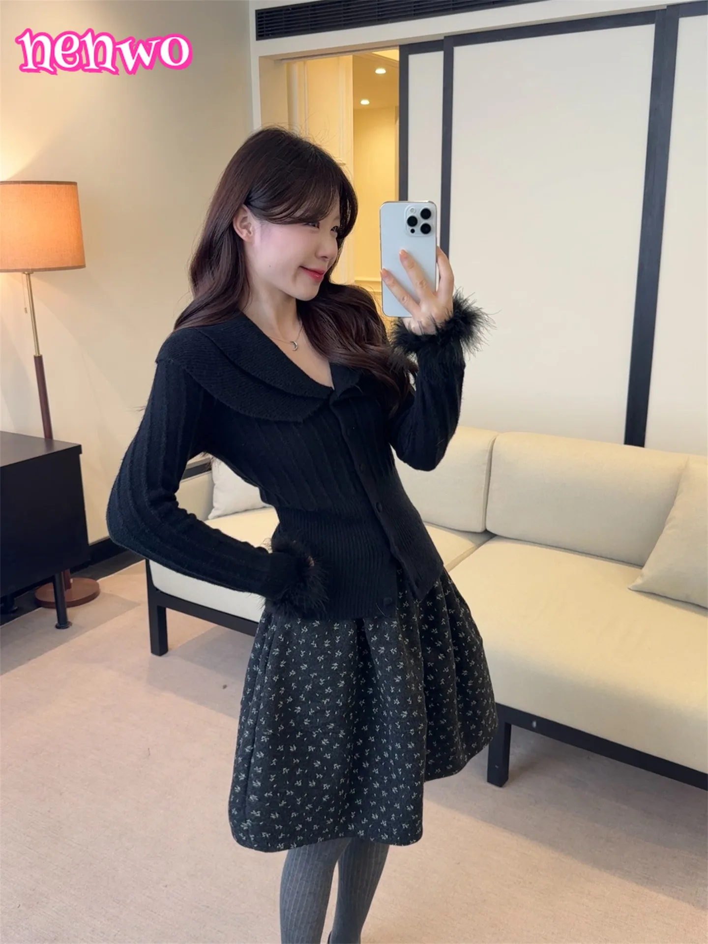 النمط الفرنسي لطيف بدوره إلى أسفل طوق كم طويل محبوك سترة علوية للنساء الخريف الشتاء الحلو دعوى الصوف الأزهار تنورة faldas