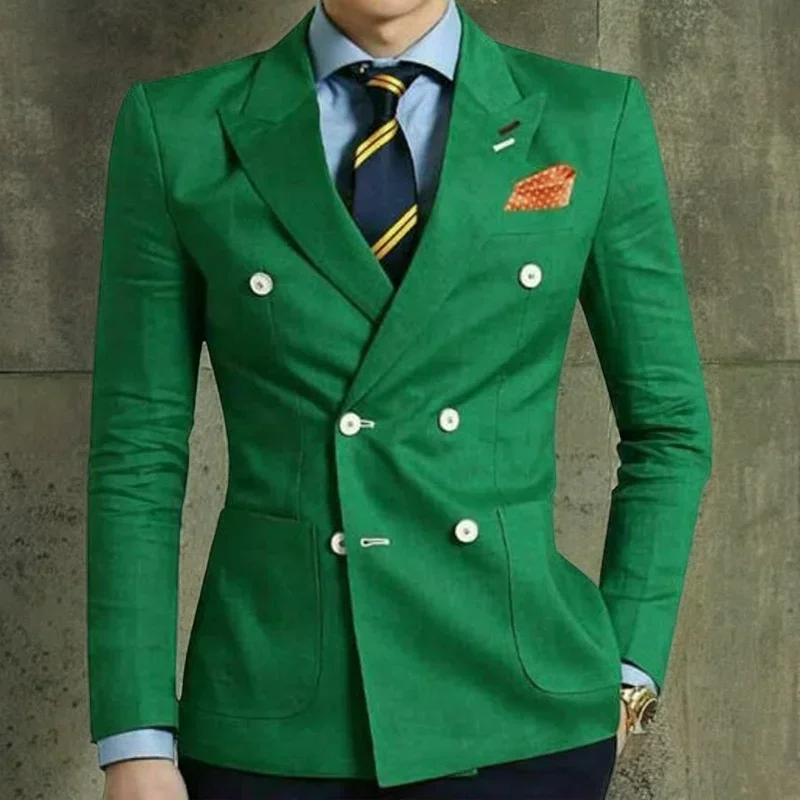 Double Breasted Suits For Men Slim Fit Green Jacket With Black Pants 2 Piece Set Men's Formal Tuxedo Groom Party Wedding Fashion