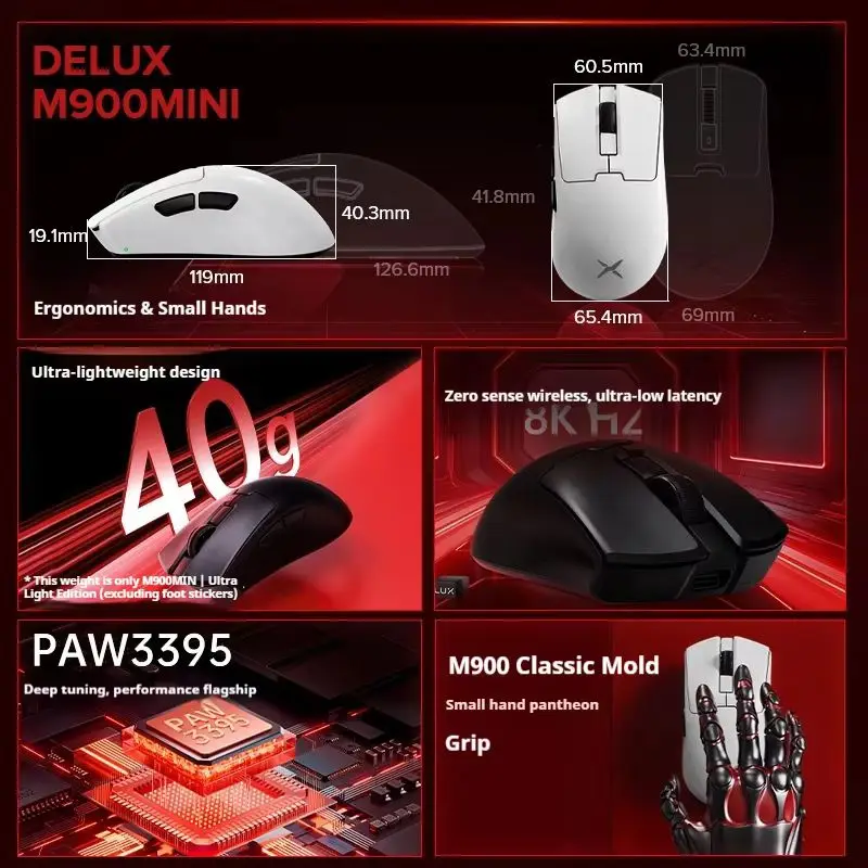 DELUX M900mini Pro Gaming Mouse PAW3395 8K Receiver Wireless Dual-Mode Right-Handed Ergonomic Lightweight Laptop E-sports Game