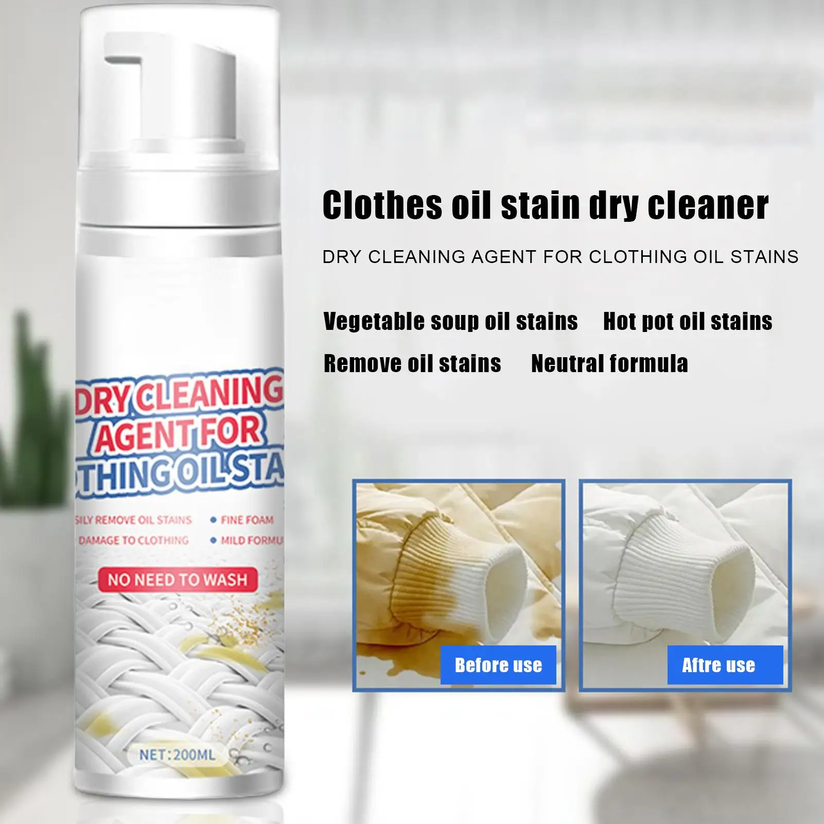 200ml Dry Cleaning Agent for Clothing Oil Stains Household Waterless Stain & Grease Remover Powerful Oil-Removing Cleaning Foam
