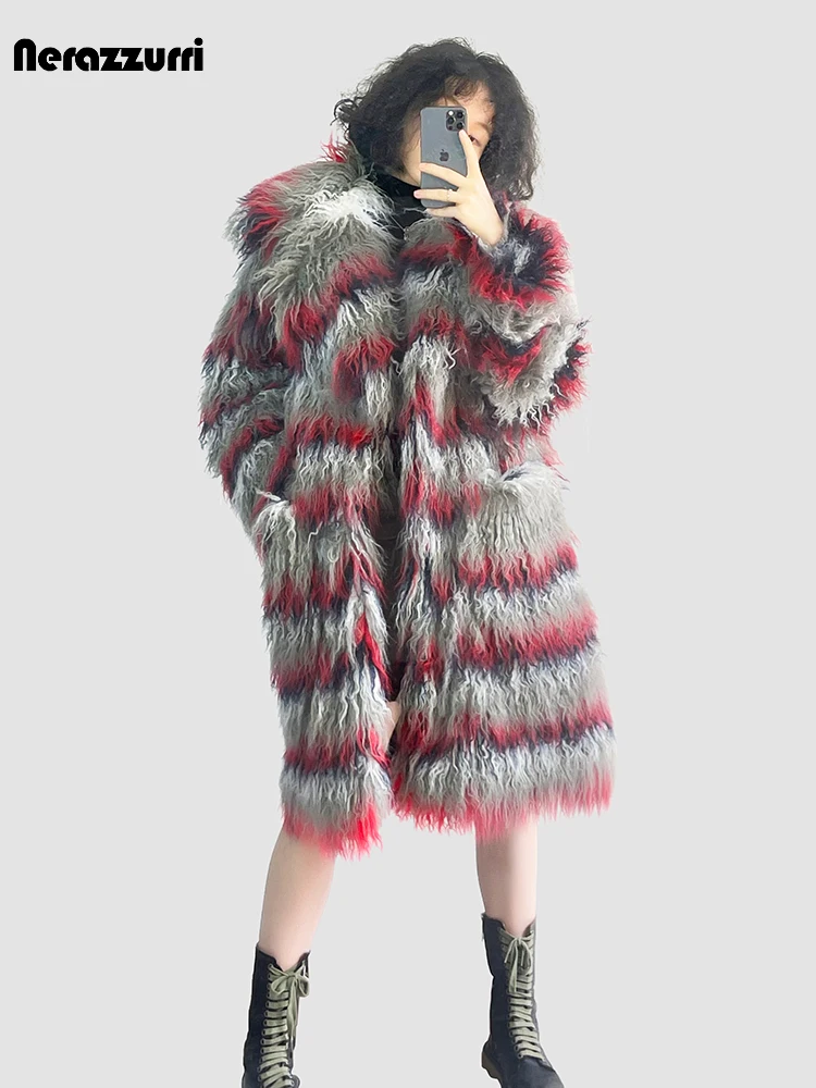 Nerazzurri Winter Long Shaggy Hairy Gradient Colorful Thick Warm Soft Fluffy Faux Fur Coat Women Pockets Luxury Designer Clothes