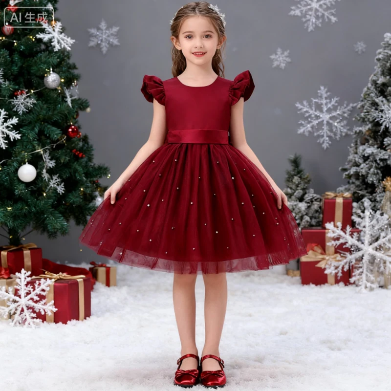 

Christmas Dress Girl Wedding Bridesmaid Princess Dress Backless Pearls Bow Elegant New Year Dress For Girls White Baptism Gown