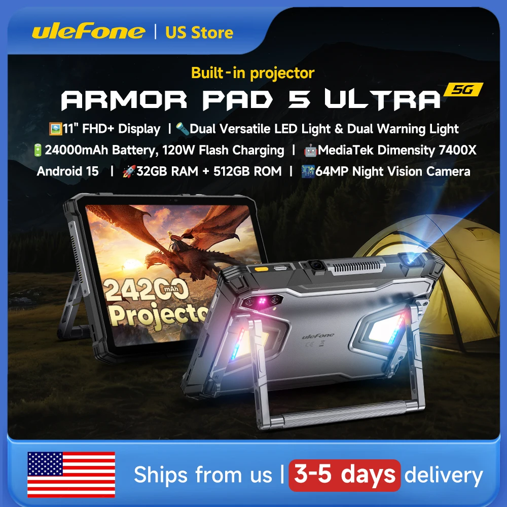 Ulefone Armor Pad 5 Ultra 5G Rugged Tablet PC, 200LM Projector, 24200mAh, 120W, 12GB+512GB, Android 15, 11" FHD, 64MP, IP68, Out
