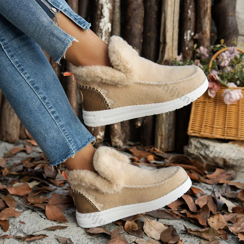 Thick Plush Snow Boots for Women 2025 Winter New Warm Slip on Thick Cotton Shoes Woman Lightweight Outdoor Flats Ankle Boots image 4