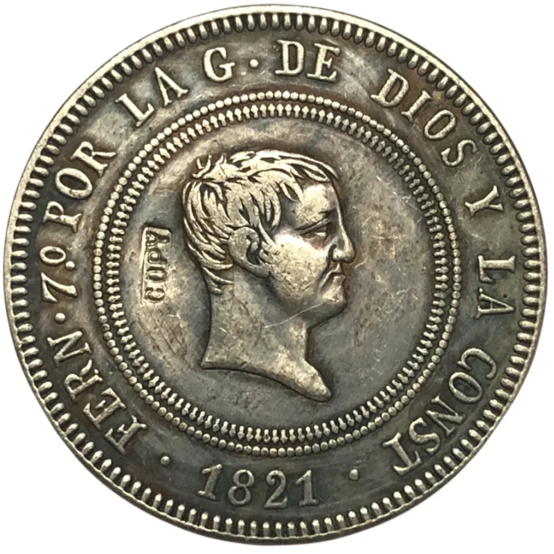

1821 RMD Spain 10 Reales - Fernando VII silver plated copy coin 34mm