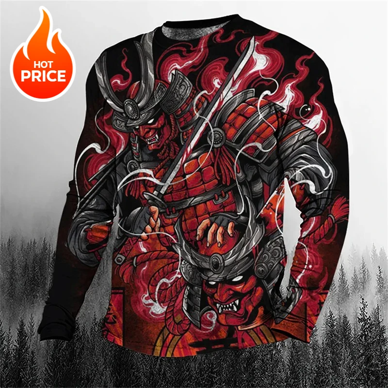 

Cool Samurai Armor Pattern T-Shirt For Men Vintage Japanese 3D Printed T Shirts Autumn Casual Long Sleeves Loose O-Neck Tops Tee