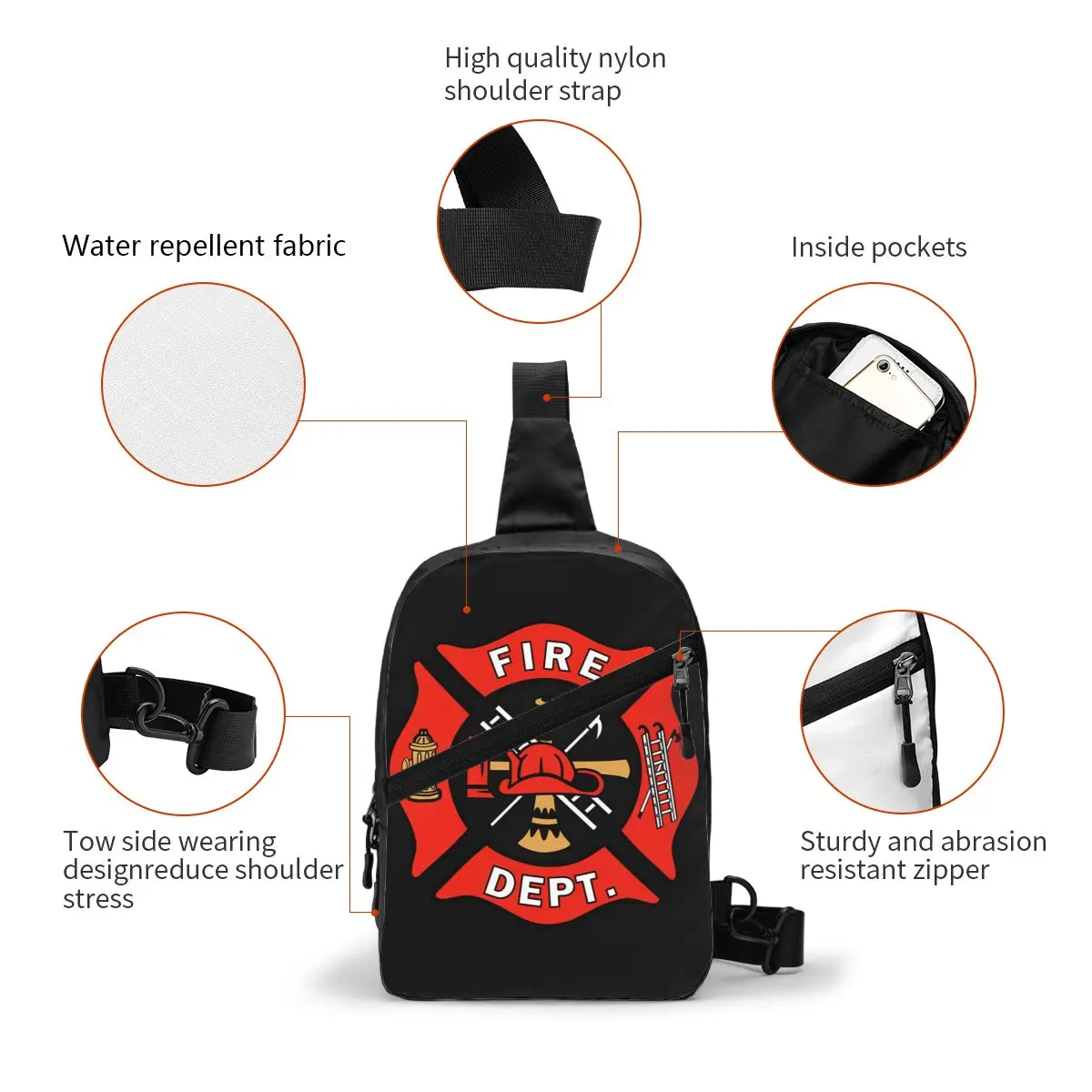 Firefighter Department Logo Sling Chest Bag Fireman Fire Rescue Shoulder Crossbody Backpack for Men Travel Hiking Daypack