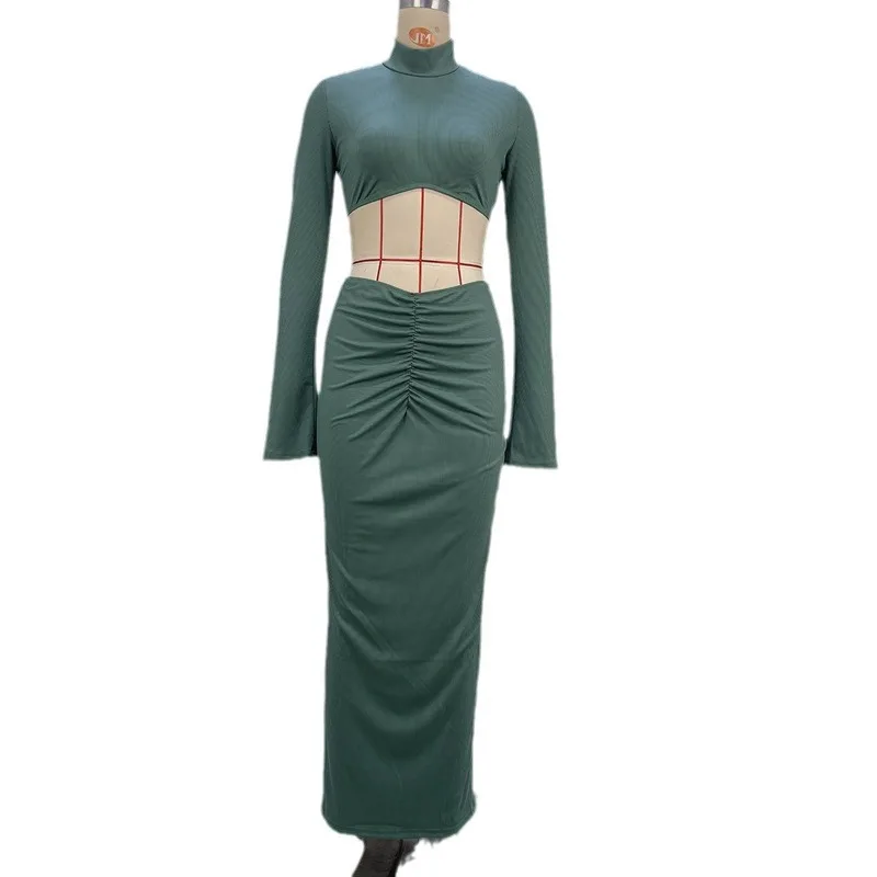 

Belly Button Exposure Autumn New Style Street Trend 2Piece Set Women Long Skirt Set Pure Color Bell Sleeve Low Waist Pleated Top