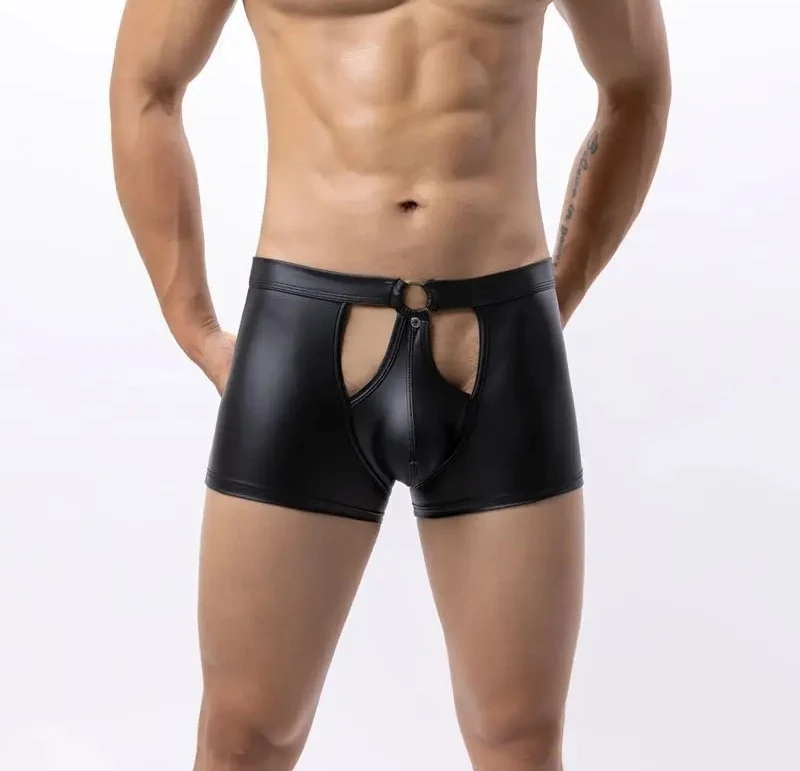 

Мужские сексуальные трусы-боксеры из лакированной кожи с четырьмя углами из искусственной кожи с низкой талией