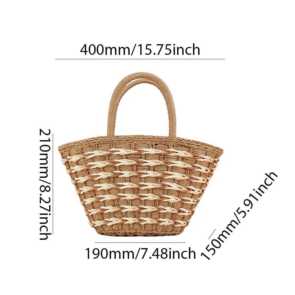 Women Straw Woven Tote Bag Fashion Woven Handbag Zipper Closure Handwoven Shoulder Bag Handmade Straw Bag Top-handle Handbag