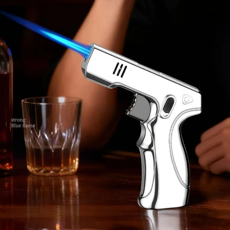 Pistol Semprot Logam Tahan Angin Jet Api Biru Pengunci Keamanan Saklar 360 °   Pemantik Api Terbalik untuk Dapur Luar Ruangan dan Pemantik Cerutu