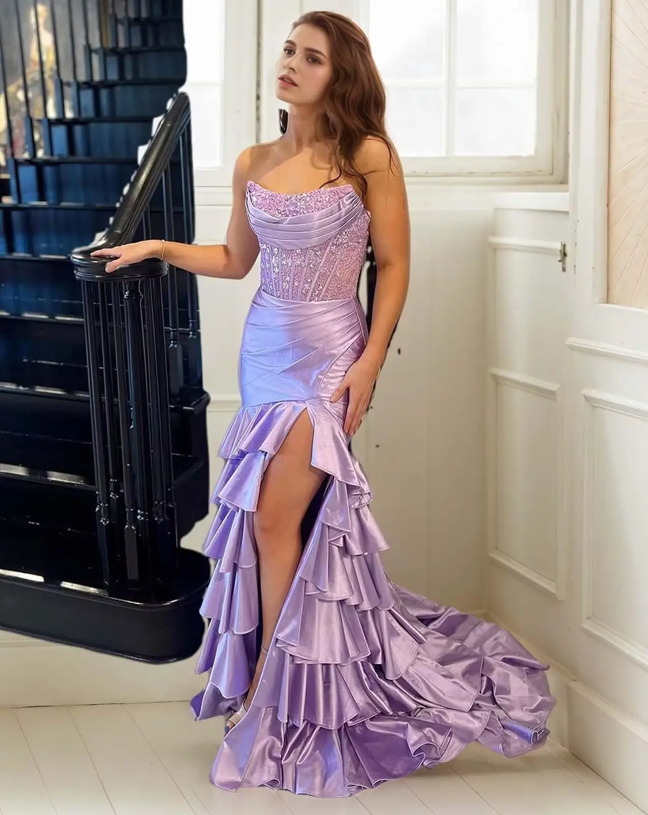 Suknia wieczorowa syrena z satyny, długa, bez ramiączek, warstwowa, z falbanami, formalna, z rozcięciem, marszczona, z gorsetem, sukienka na przyjęcie.