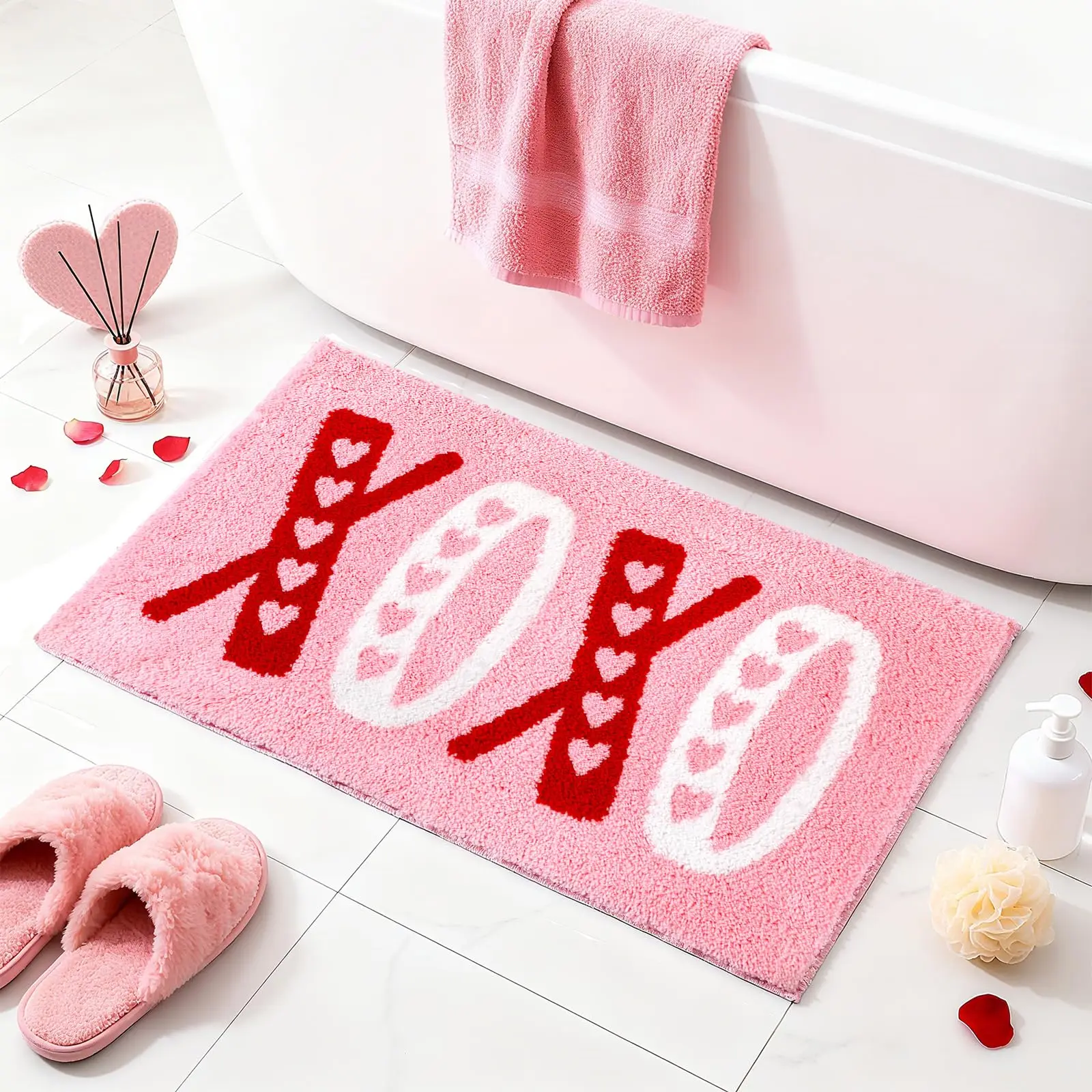 VIKAMA Valentinstag-Badezimmerteppich, rot, rosa, weiß, Liebesherz, XOXO, saugfähig, rutschfest, Jahrestag, Hochzeit, Bodenmatte, Heimdekoration