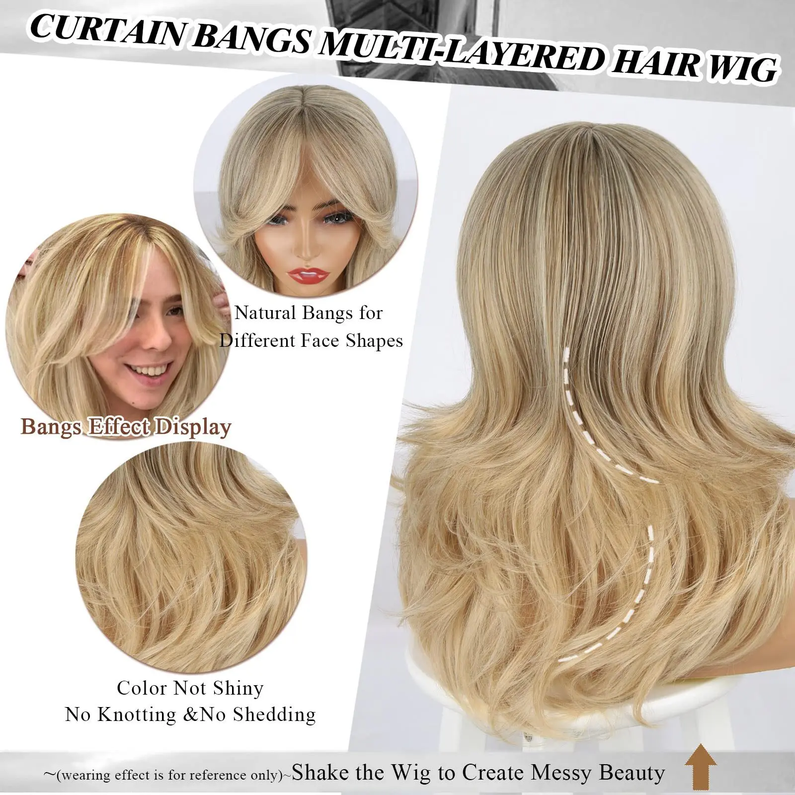 18inch Blonde Layered Hair Wig with Bangs Women Fashion Long Curly Hair Natural Looking Middle Part Synthetic Hair Wig for Daily