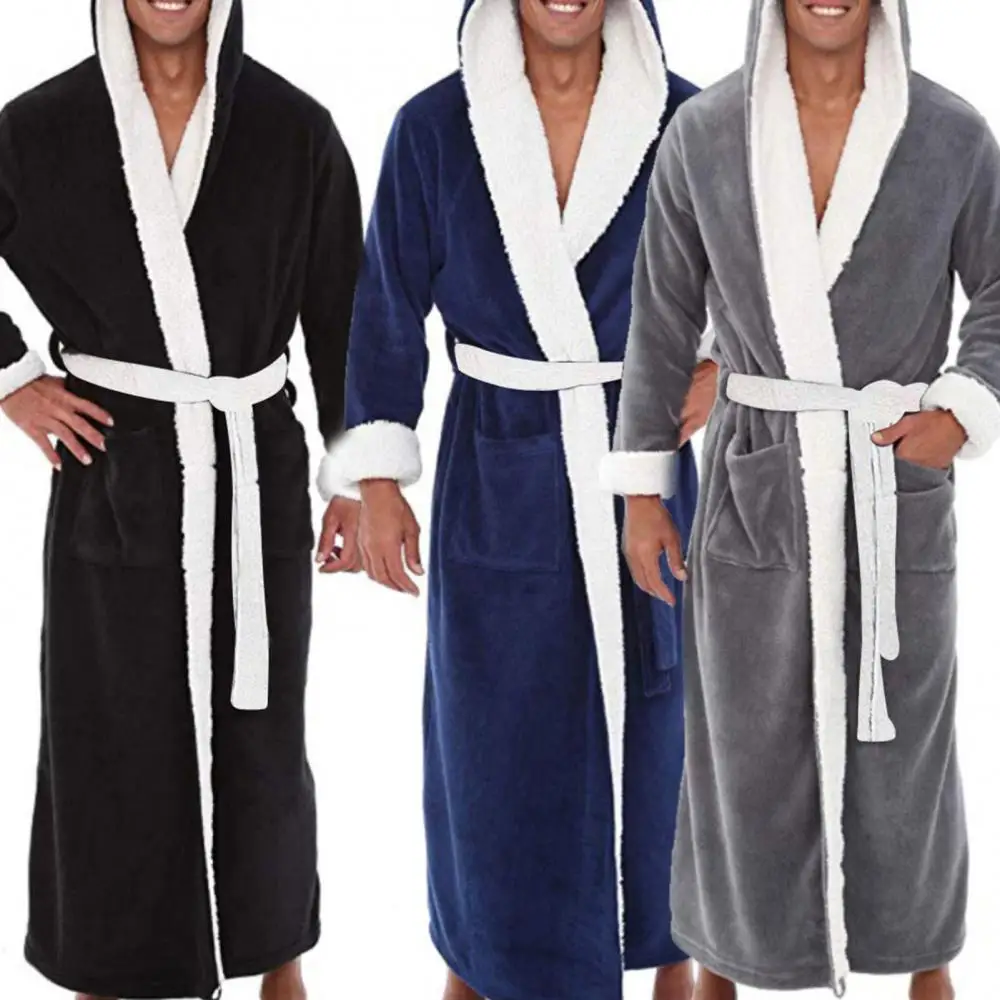 Pockets Sleepwear Soft Men Coral Fleece Color Block Long Bath Robe Home Gown Sleepwear