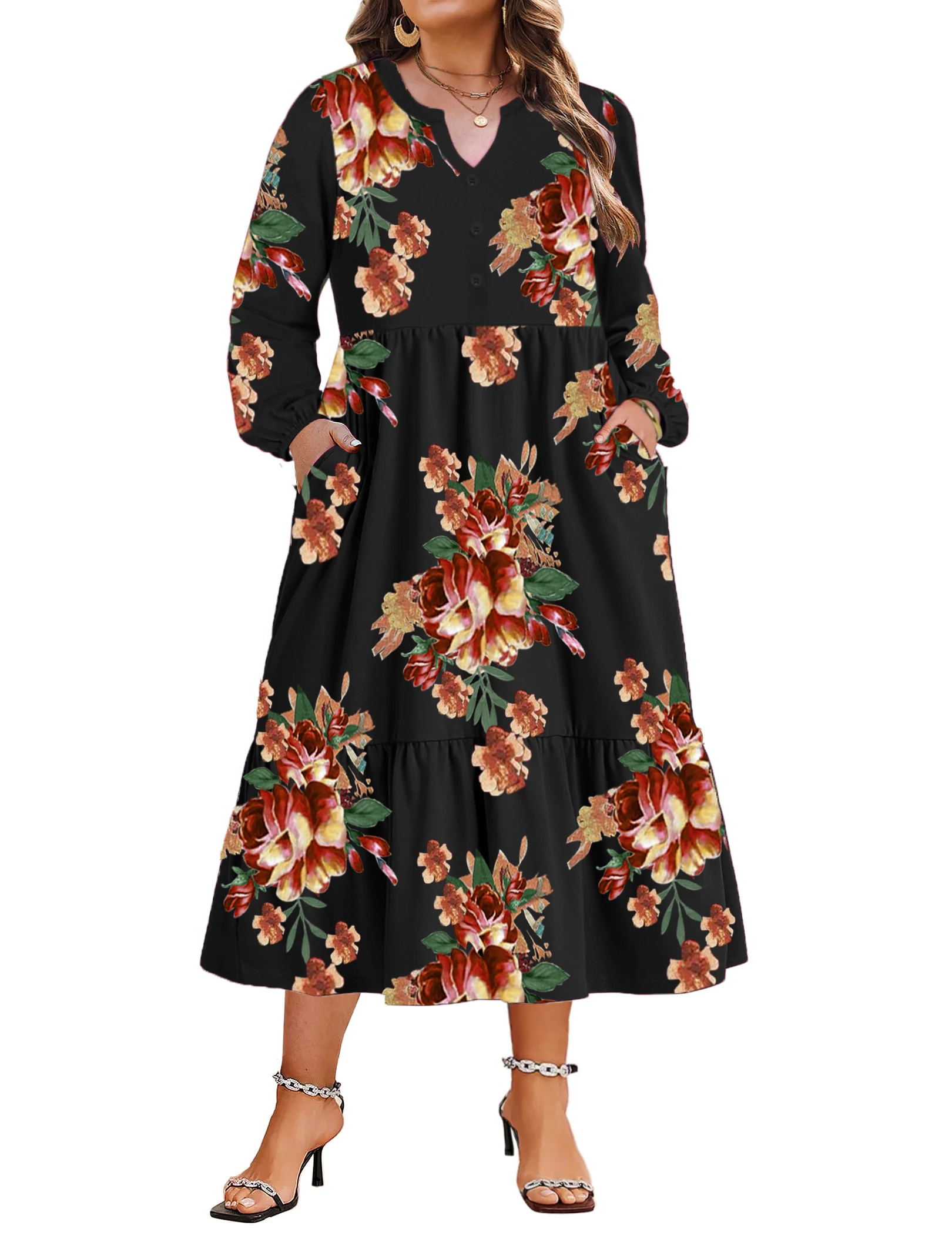 เดรสผู้หญิงไซส์ใหญ่ ลายดอกไม้ สำหรับใส่ไปทะเล คอวี แขนยาว สไตล์ลำลอง สวยสง่า