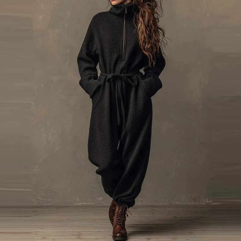 

Повседневный уличный комбинезон с длинными рукавами и карманами, осенний модный однотонный комбинезон с воротником-стойкой, элегантный свободный длинный комбинезон с высокой талией