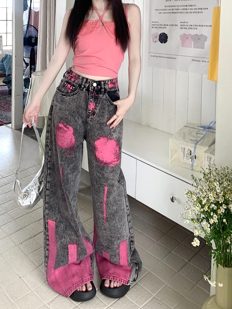 WCFCX STUDIO American Style Y2K Casual Jeans Women High Street Graffiti Straight Leg Jeans Baggy Pants Trendy Denim Trousers