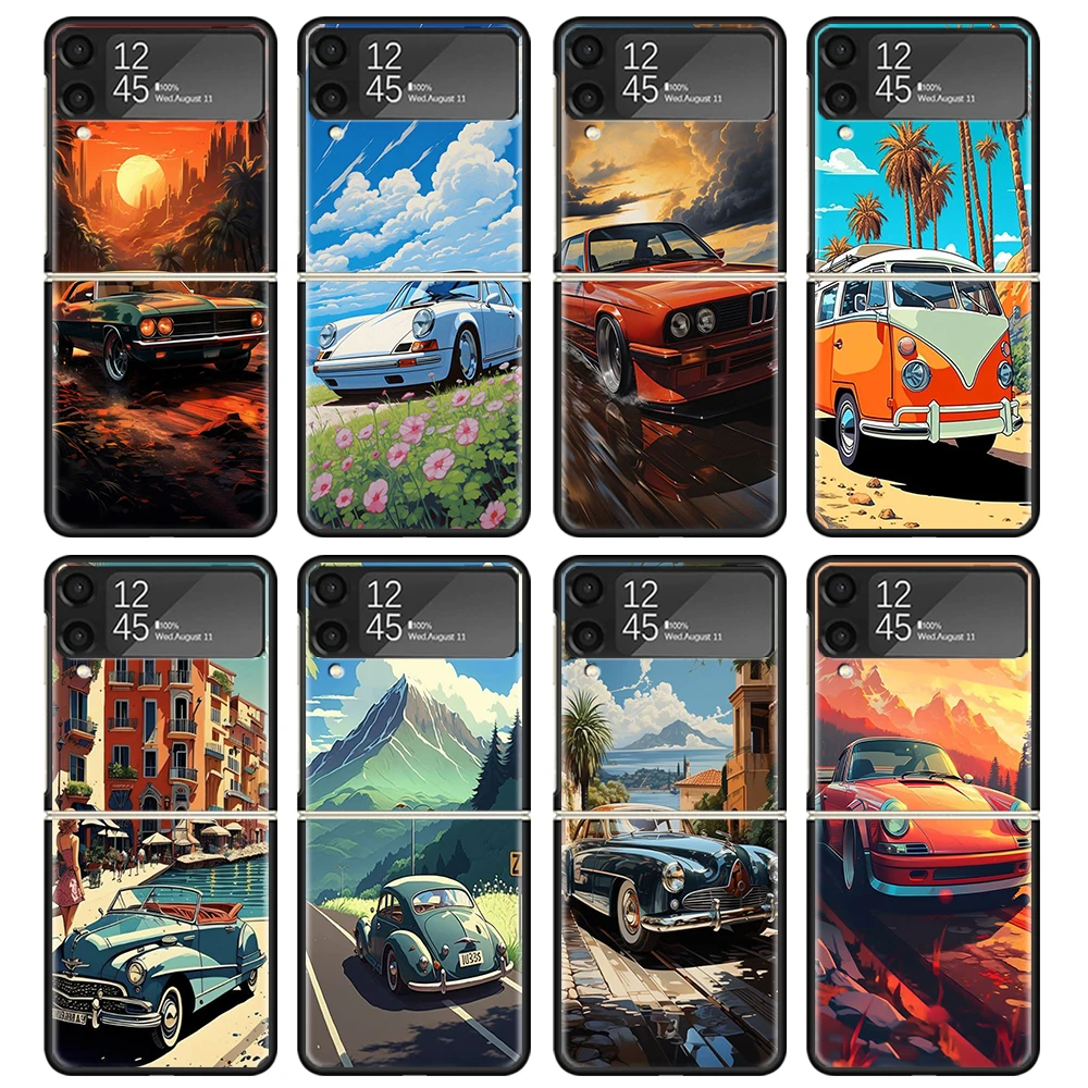 Classic Vintage Old Retro Car Case For Samsung Galaxy Z Flip 4 5 3 z Flip5 Flip4 5G Hard Phone Cover Flip3 Split Folding Black P