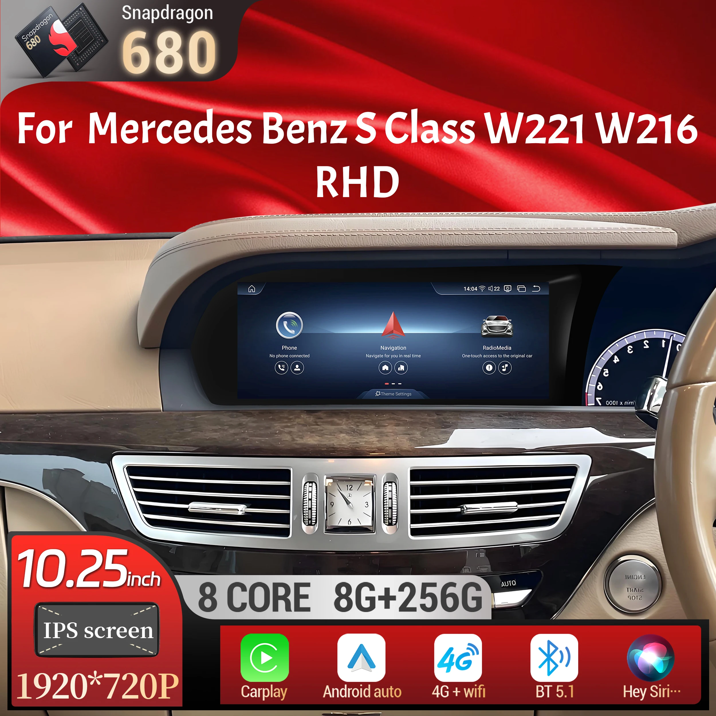 

10.25inch Right Hand Drive Car Radio For Mercedes Benz S Class W221 W216 2005-2013 Android 14 BT Carplay Snapdragon 680 Screen