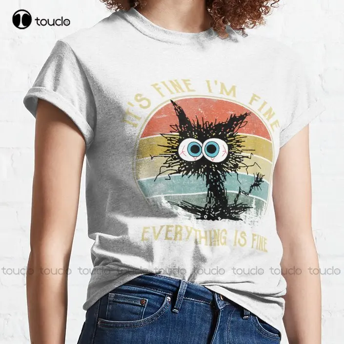 It'S Fine I'M Fine Everything Is Fine Funny Black Cat Trending T-Shirt Womens Graphic Tees Funny Art Streetwear Cartoon Tee New