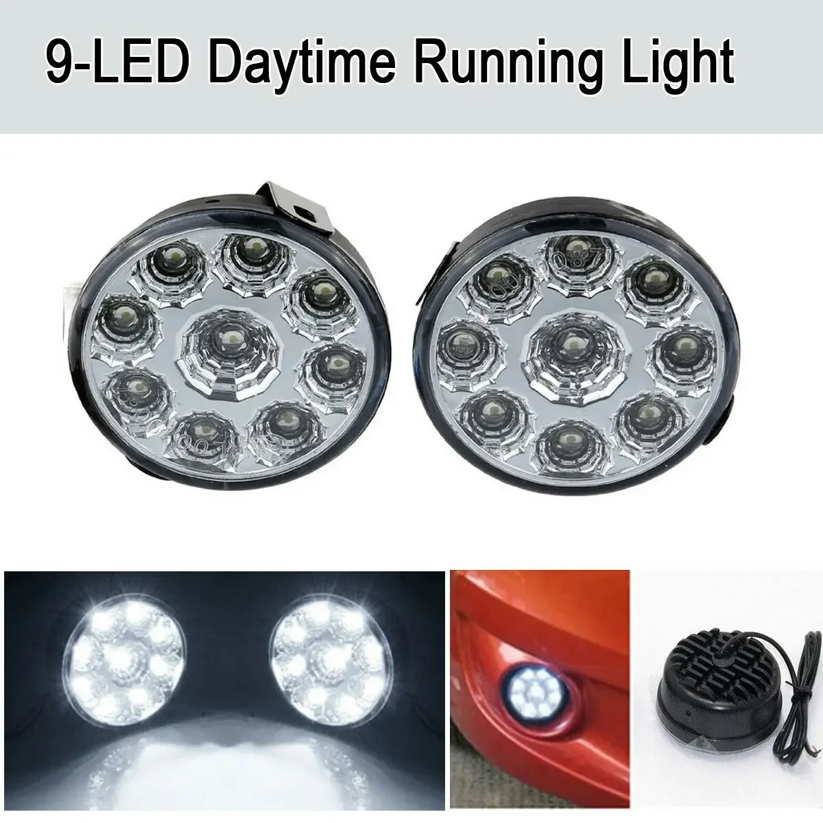 2Pcs 70mm 12V 9 LED White Super Bright Car Round Daytime Running Lights DRL Car Fog Lights Universal Car Lights Interior Part