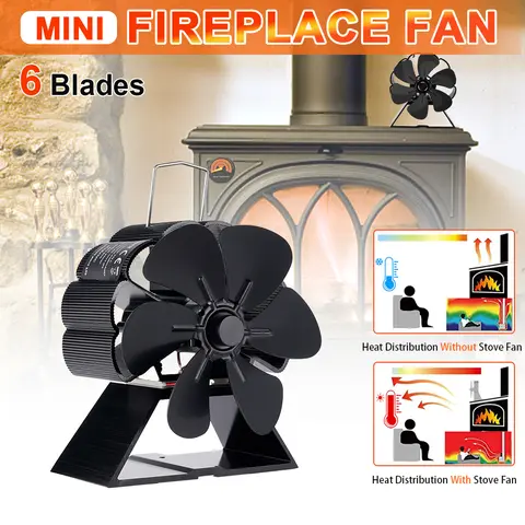6 Blades Mini Fireplace Fan with  thermometer Heat Powered Stove Fan Wood Log Burner Eco Quiet Energy Saving Heater  Winter Warm