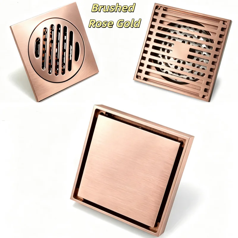 Floor Drain 10CM Shower Floor Drain Brass Brushed Rose Gold Bathroom Deodorant Conceal Floor Drain Strainer Cover Grate Waste
