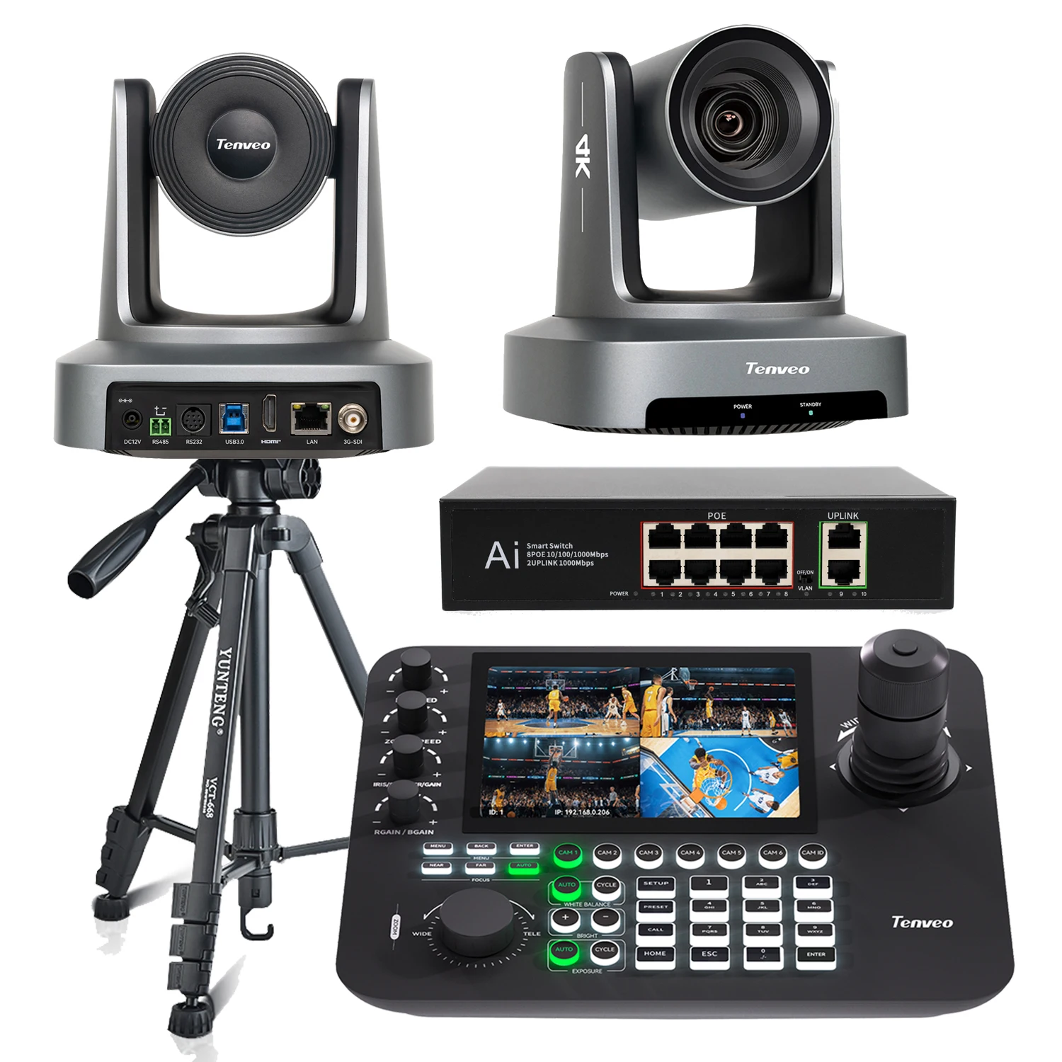 

KB300PRO PTZ Camera Keyboard Controller with 7'' LCD Sreen+2Pcs 4K AI Auto Tracking Camera 20x Zoom PTZ Conference Camera With