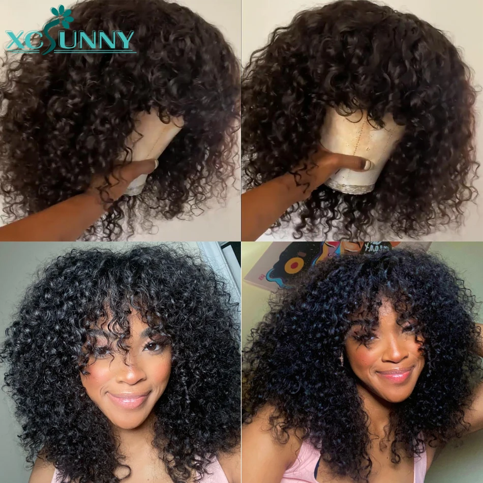 Short Curly Human Hair Wigs With Bangs Loose Curly Bob Bang Wig Human Hair Brazilian Machine Made Scalp Top Wig xcsunny