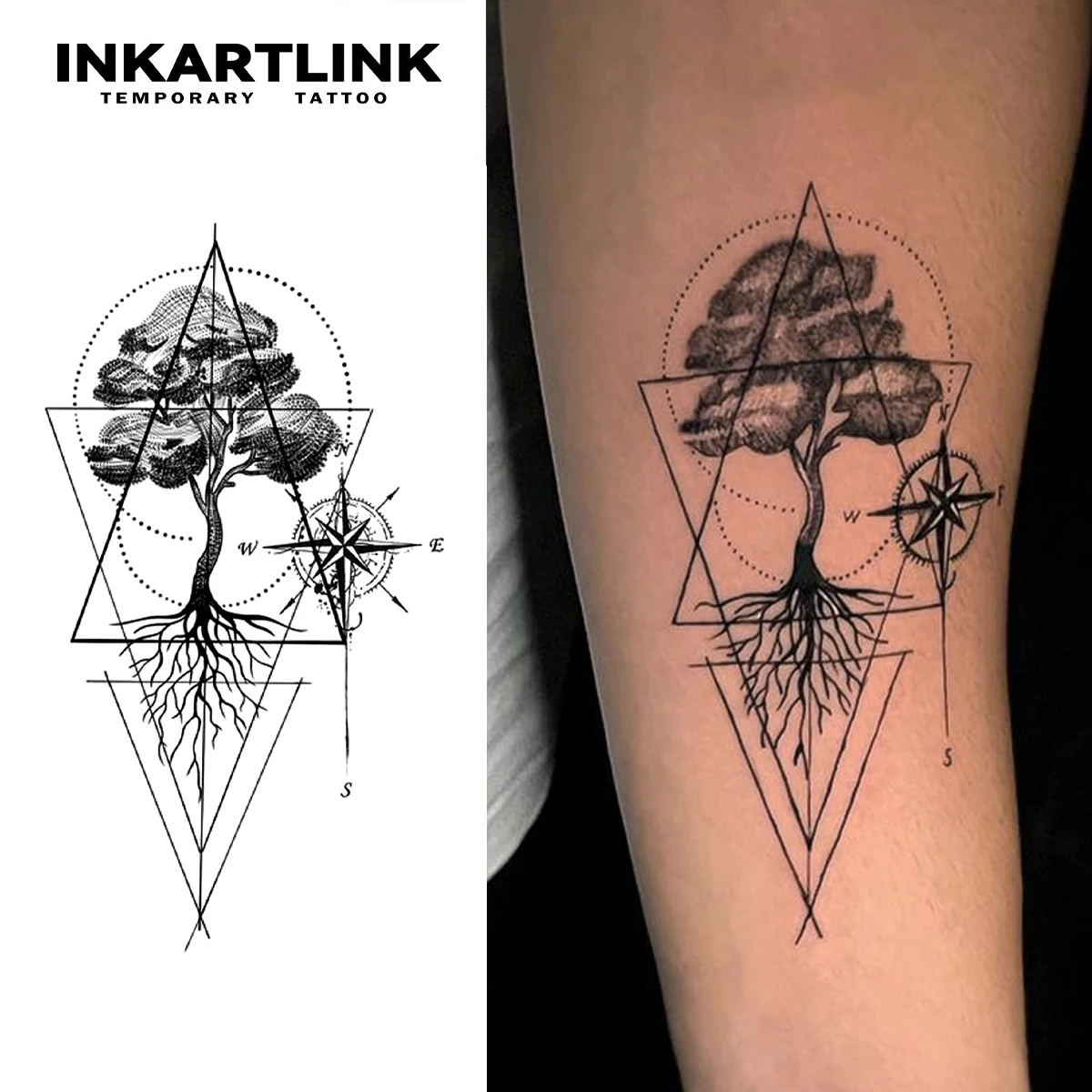 Trees and Compass Temporary Tattoo,Lasts To 15 Days New Technology Magic Waterproof Semi Permanent Sticker.