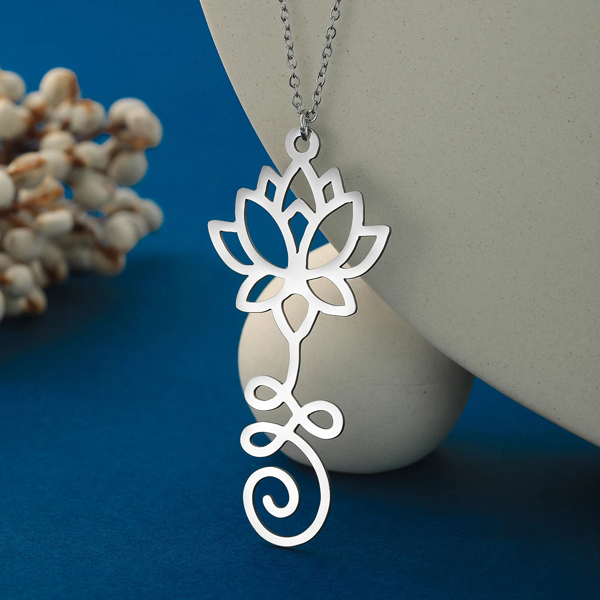 Chandler Stainless Steel Lotus Flower Pendant Lotus Unalome Necklace Yoga Buddhist Symbolic Necklace Spiritual Necklace Jewelry