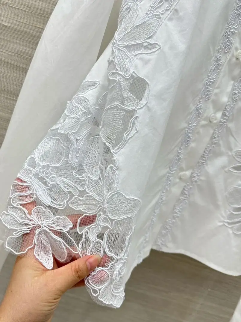 

Женская хлопковая рубашка с цветочной вышивкой, топы с отложным воротником и длинным рукавом, элегантная блузка