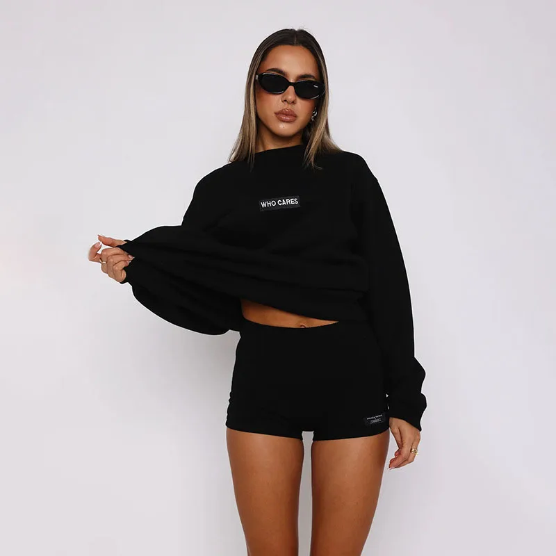 Two Piece Letter Print Jogger short Set Women Casual Long Sleeve O Neck Lounge Set Oversized 2024 Autumn Active Y2K Outfit Sets