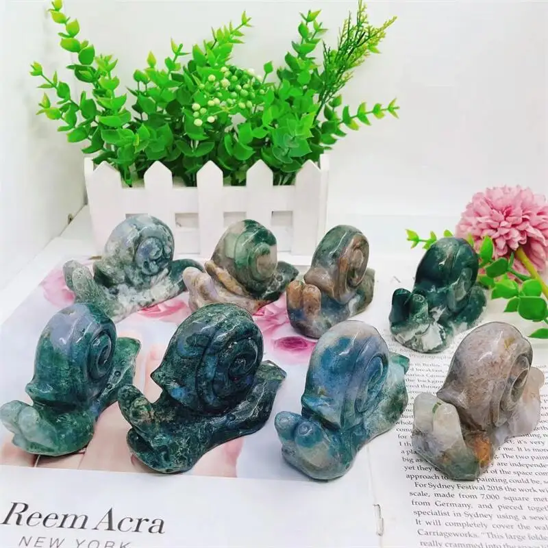 9cm Natural Moss Agate Crystal Snail Carving Animals Figurines Healing Reiki Stone Ornaments Crafts For Home Decoration 1pcs