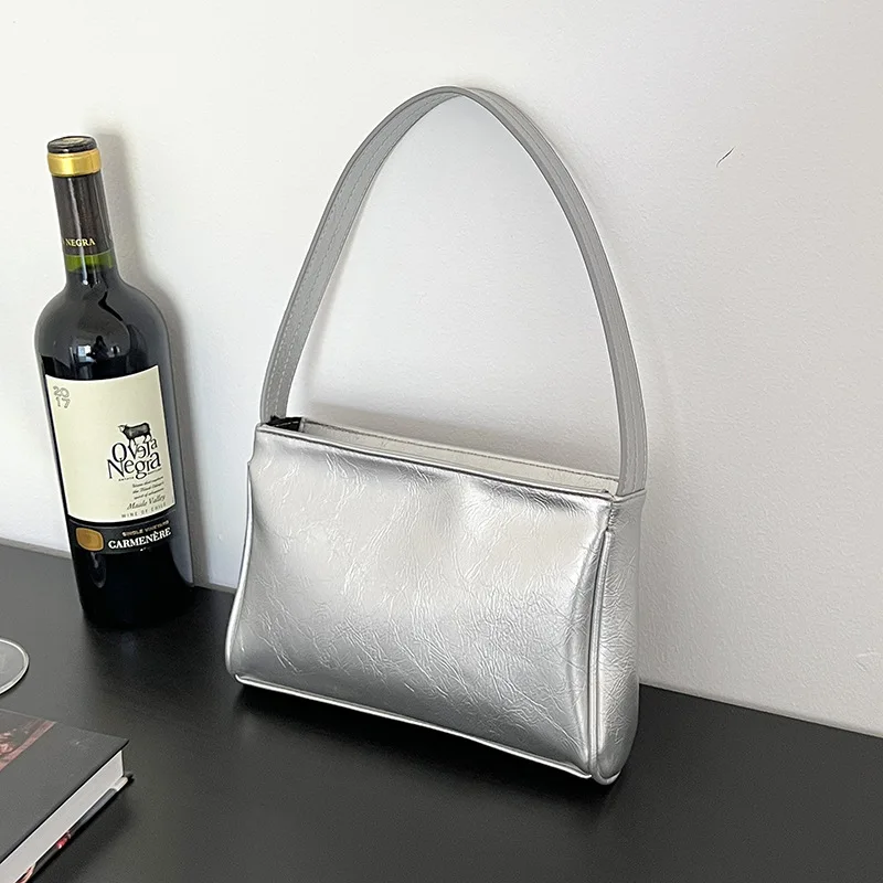 Silver Tote Evening Bag Pu Leather Shoulder Underarm Bags for Women Fashion Female Handbags Luxury Ladies Small Clutches Purse