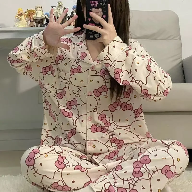 Sanrios Hello Kitty Bölüm Bayan Pijama Takımı Pijama Kadın Yaz sonbahar Kawaii Karikatür Gevşek Pijama Pijama Pantolon Seti