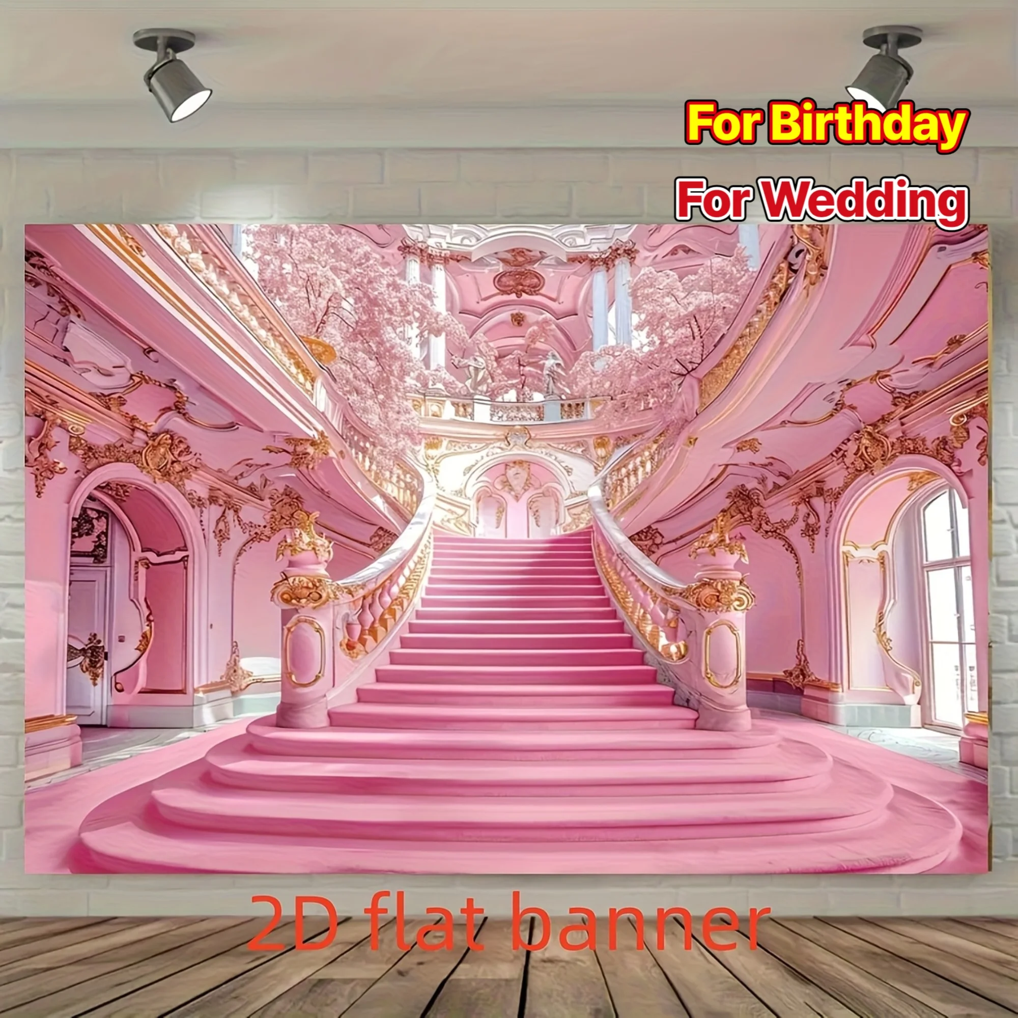 Luxurious Pink Rococo Baroque Palace Staircase Backdrop Banner for Wedding Birthday Party Event Photography Prop Decoration Tape