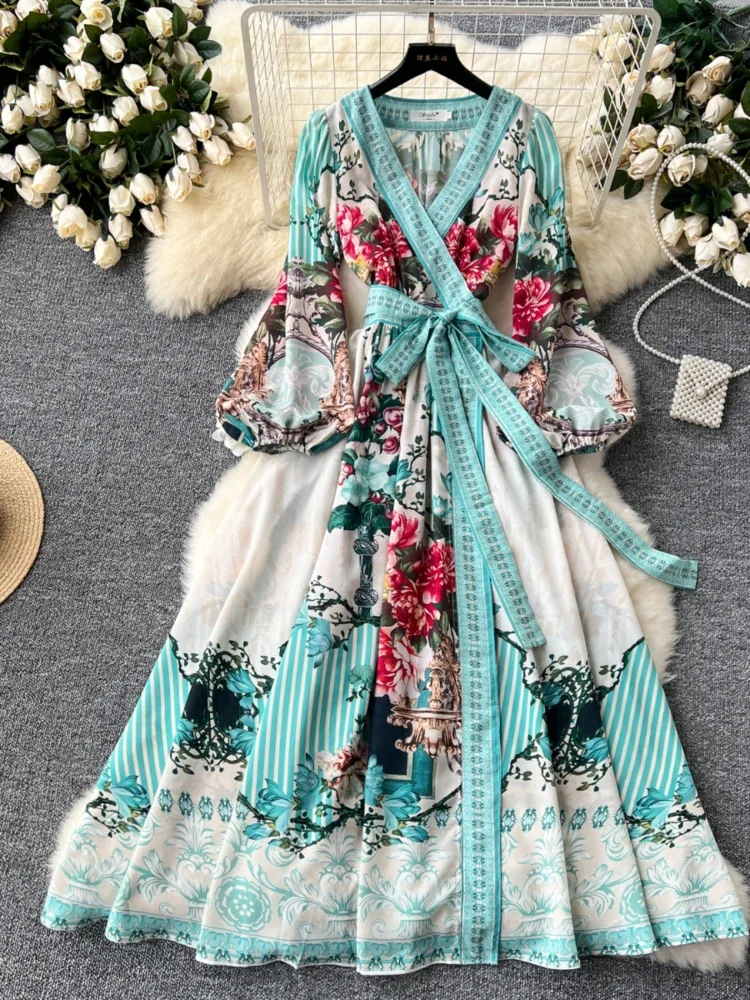 

Women Elegant Party Dress Sexy V-neck One Piece Bandage Lantern Sleeve Print Long Chiffon Dresses Ladies Vintage Long Robe