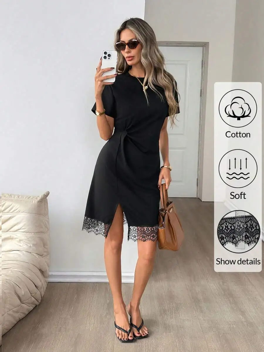 

Black Cotton Mini Dress With Lace Hem And Side Slit Round Neck Short Sleeve Casual Summer Dress
