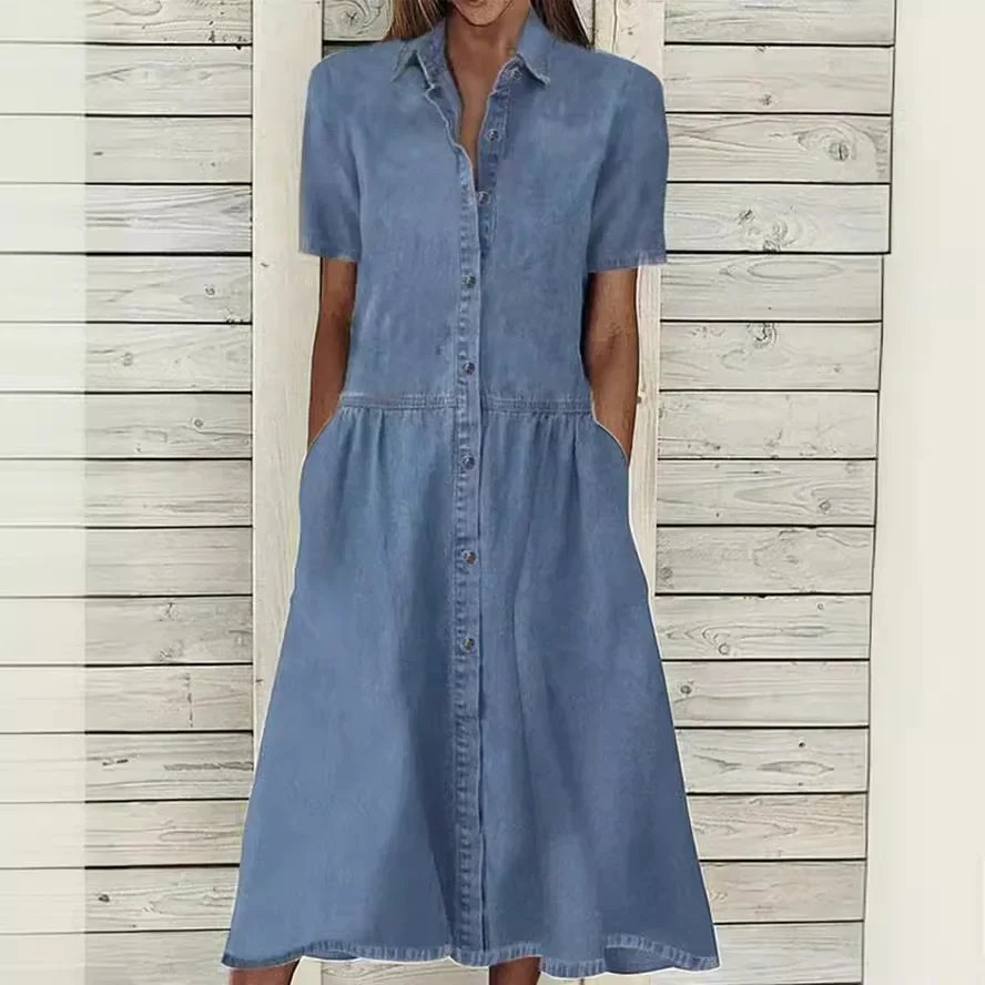 Casual Jeans Shirt Dress Spring Summer Denim Dress for Women Loose Short Sleeve Cardigan Ladies Womens Denim Shirt Long Dresses