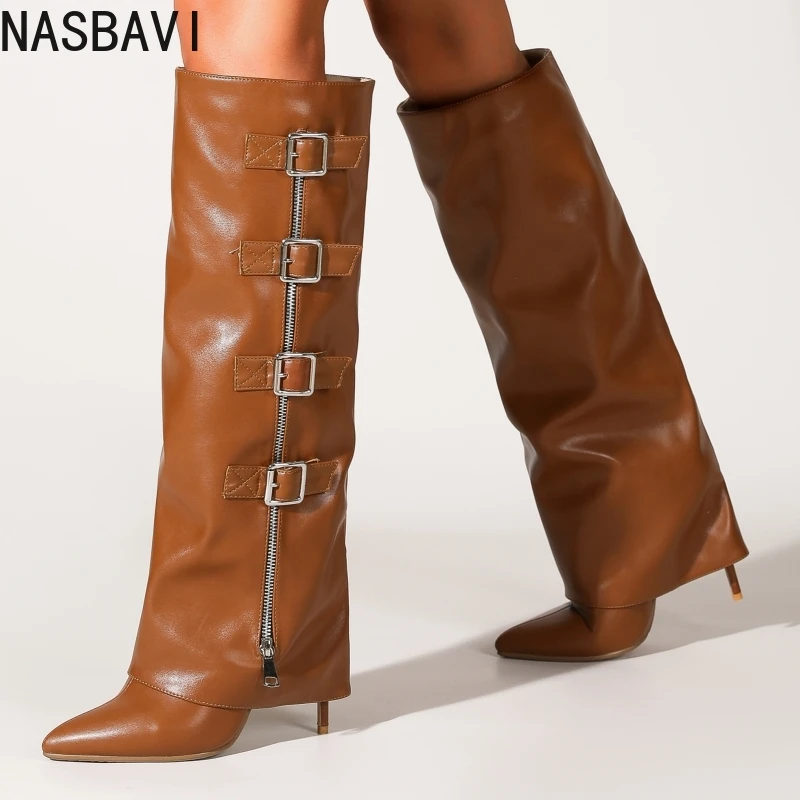 

Women's Knee High Boots Black Brown Turned-over Edge Cowboys Boot Sexy Buckle High Heels Long Footwear Shoes Ladies Large Size