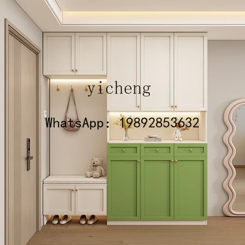 

W-solid wood cream style shoe cabinet household entry entrance cabinet integrated against the wall living room storage partition